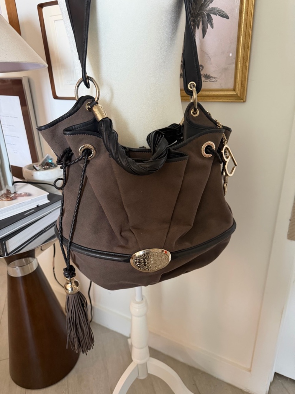 Brown Hobo Shoulder Bag with Braided Handle and Tassel